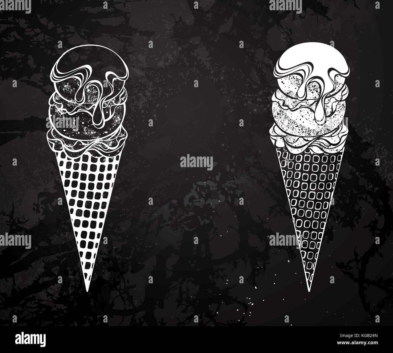 Due gelati, con un cono di cialda di corno, con due sfere e cosparsi di sciroppo al cioccolato, dipinte di bianco gesso su una lavagna nera. disegno wit Illustrazione Vettoriale