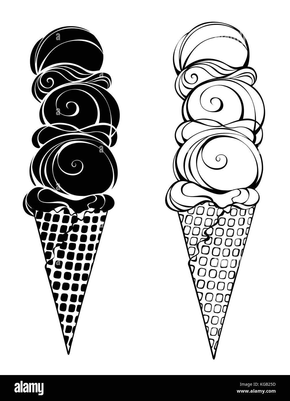 Due contorno, stilizzate e gelato con waffle avvisatore acustico e tre sfere su uno sfondo bianco. disegno artistico di un gelato. Illustrazione Vettoriale