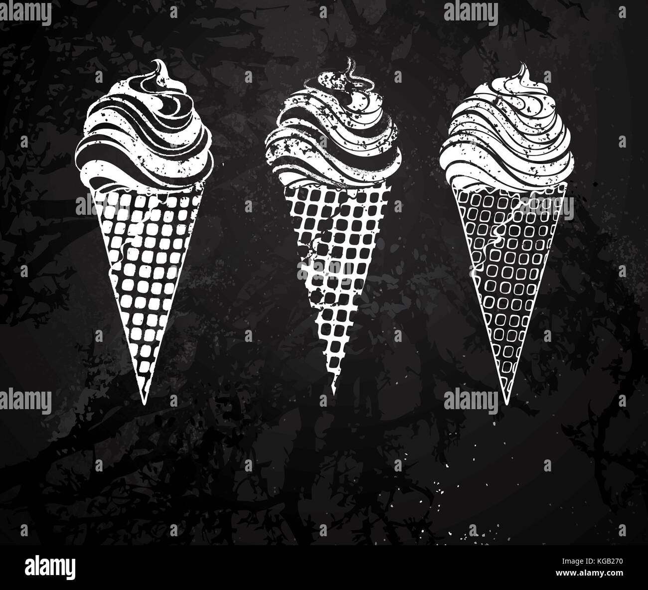 Tre gelati con waffle corno dipinto di bianco gesso su una lavagna nera. disegno con chal Illustrazione Vettoriale