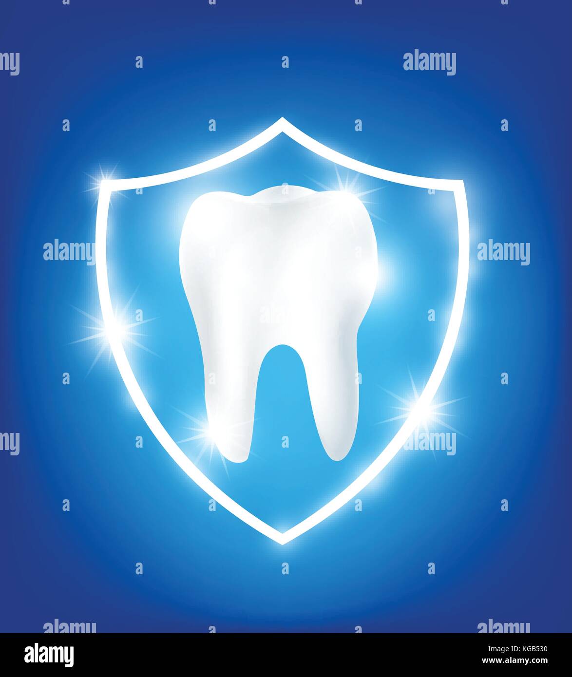 Pulire e forte dente bianco in scudo di protezione con scintillante aura luminosa luce protezione elemento su sfondo blu illutration vettoriale EPS10 Illustrazione Vettoriale