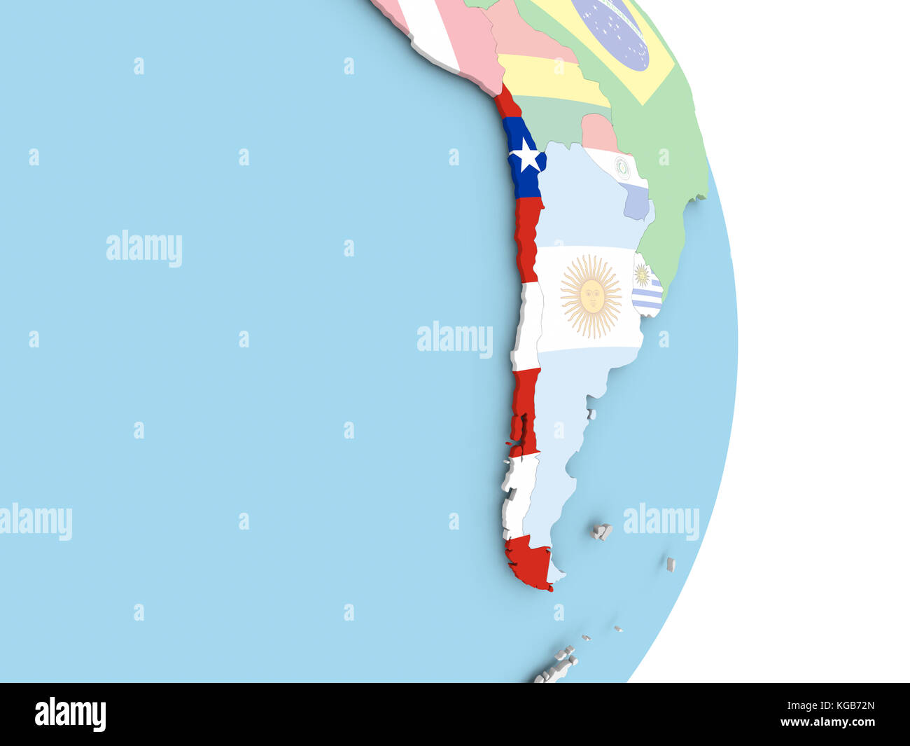 Cile con bandiera incorporata sul globo. Illustrazione 3D. Foto Stock