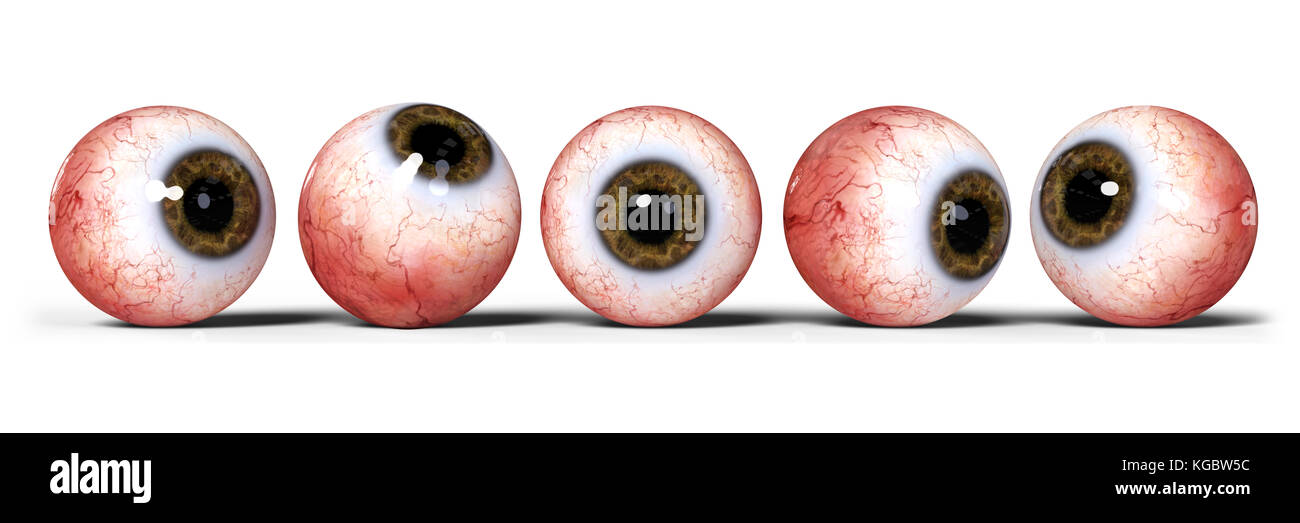 Cinque realistico gli occhi umani con iride marrone, isolato su sfondo bianco (3d illustrazione banner) Foto Stock
