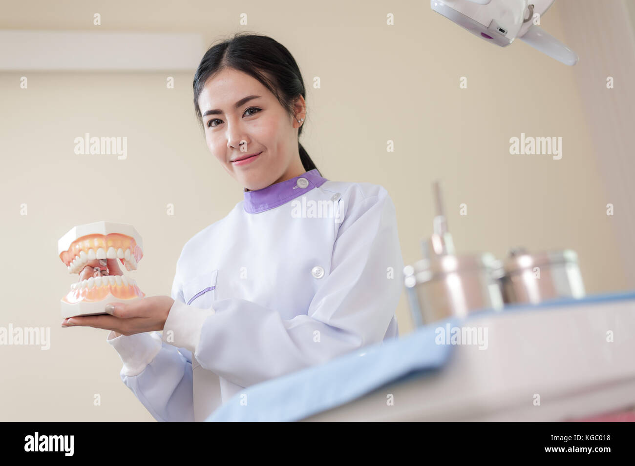 Dentista femmina spiegare circa la spazzolatura dei denti nella clinica di cura per la salute e la manutenzione con il concetto di esperti Foto Stock