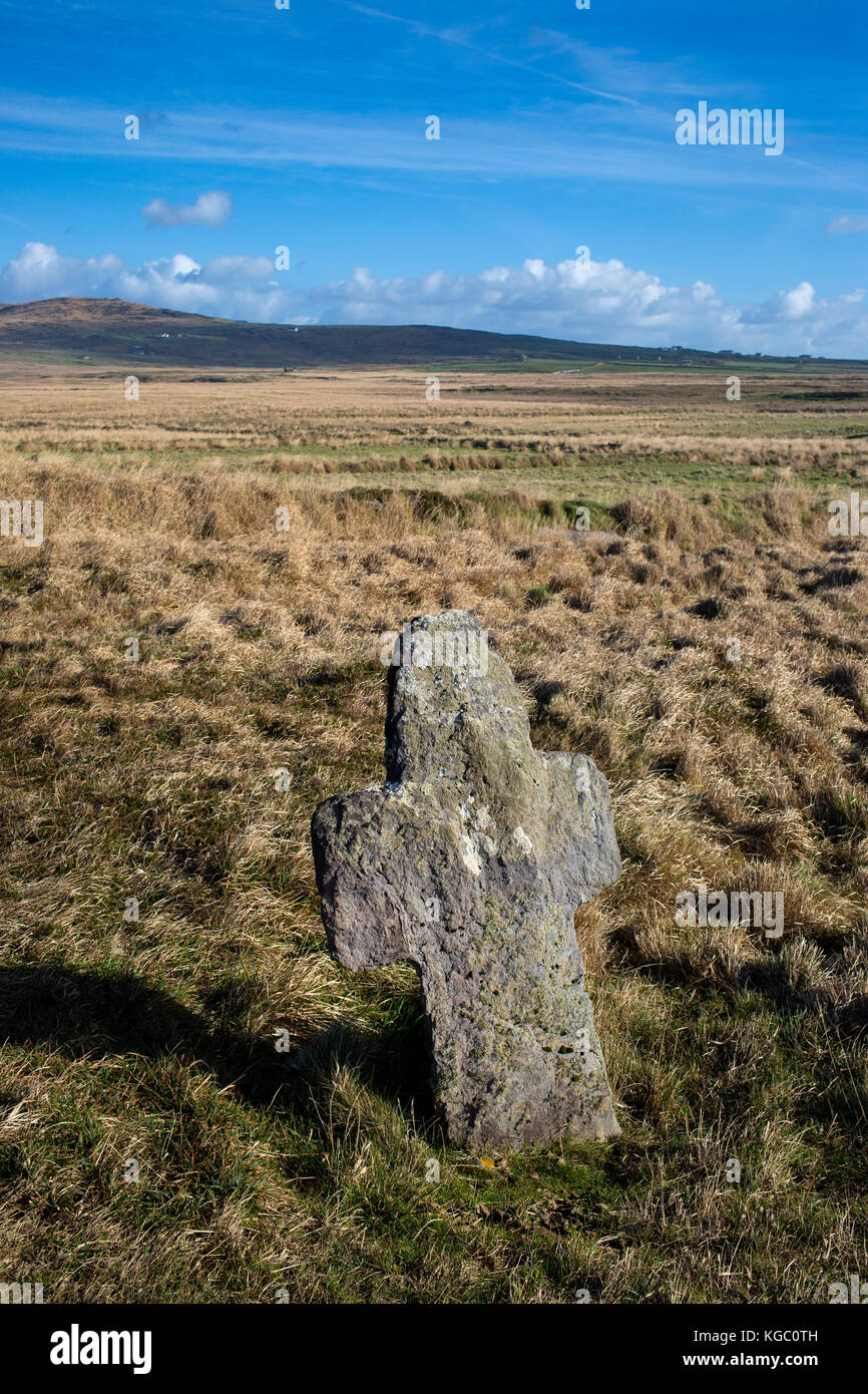 Pietra in piedi vicino a San Brendan è bene, Valentia Island, nella contea di Kerry, Irlanda Foto Stock