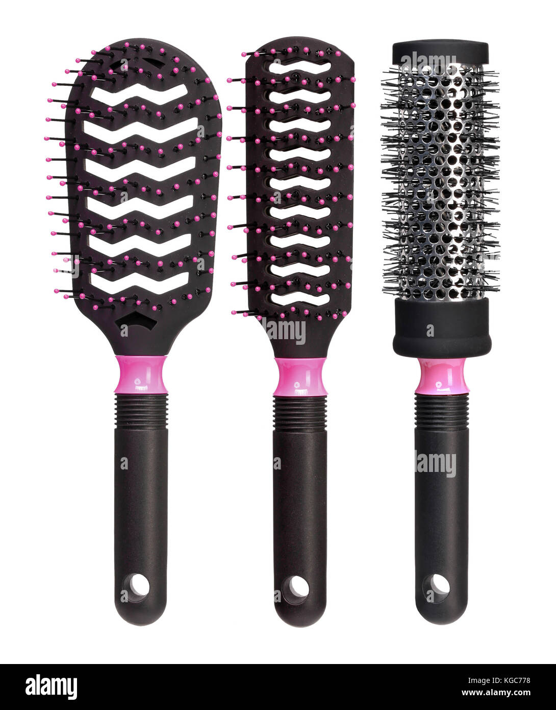 Set di spazzole per capelli neri isolati su sfondo bianco. close up. dei prodotti ad alta risoluzione Foto Stock