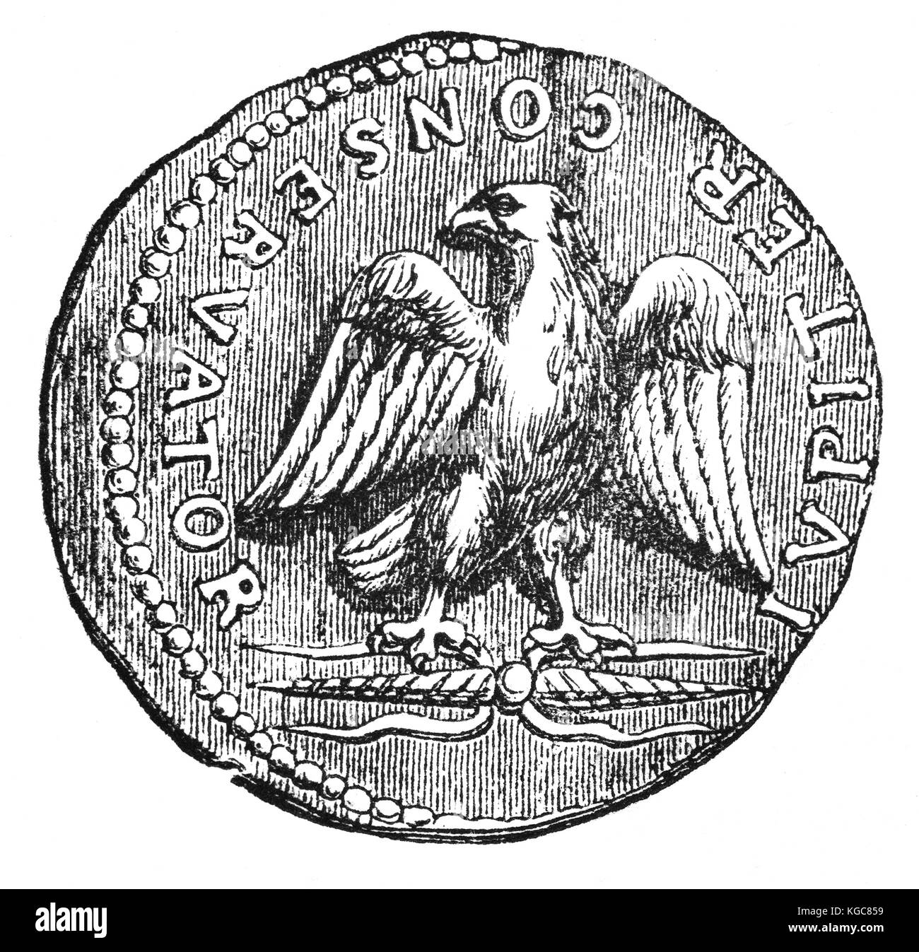 L'aquila, o Eagle su una vecchia moneta trovati in Inghilterra, è stato un importante simbolo di Roma antica e le sue colonie. I secolo d.c. Foto Stock