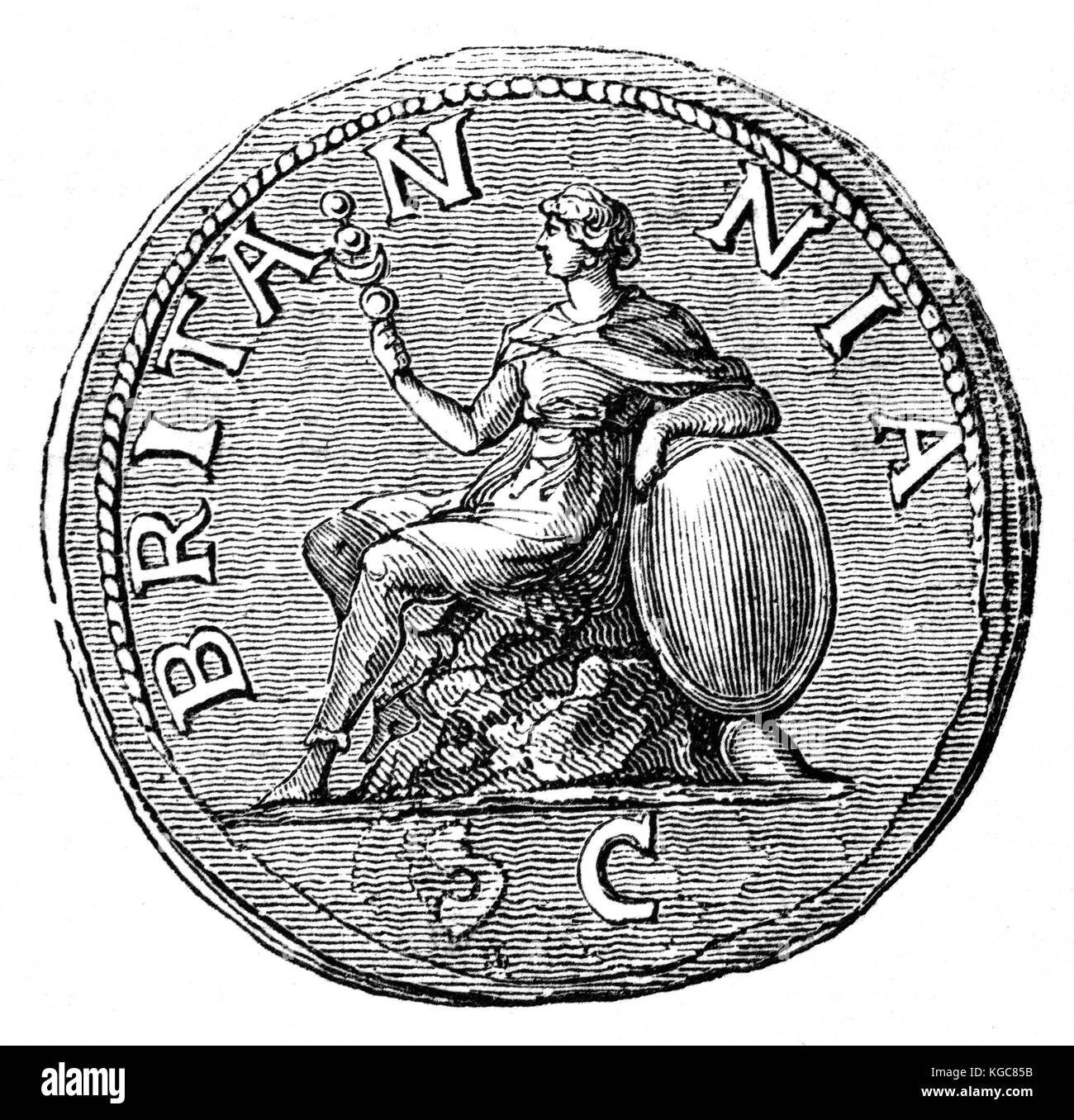 La prima rappresentazione della Britannia trovati sulla antica moneta romana. Probabilmente il primo secolo. Foto Stock