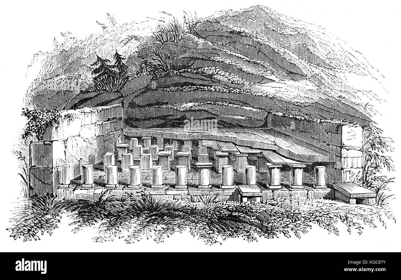 Rimane del romano Hypocaust o un forno per il riscaldamento del bagno romano complesso. Sembra che siano stati stabiliti abbastanza presto nella data e probabilmente era parte della suite iniziale di edifici forniti alla fondazione della Colonia nel tardo AD80s o precoce annuncio90s. Lincoln, Lincolnshire, Inghilterra. Foto Stock