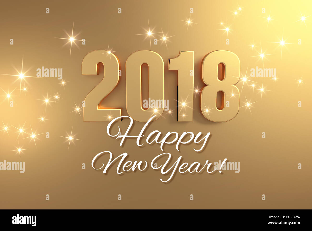 Oro 2018 anno tipo e felice anno nuovo saluti, su un brillante sfondo dorato - 3d illustrazione Foto Stock