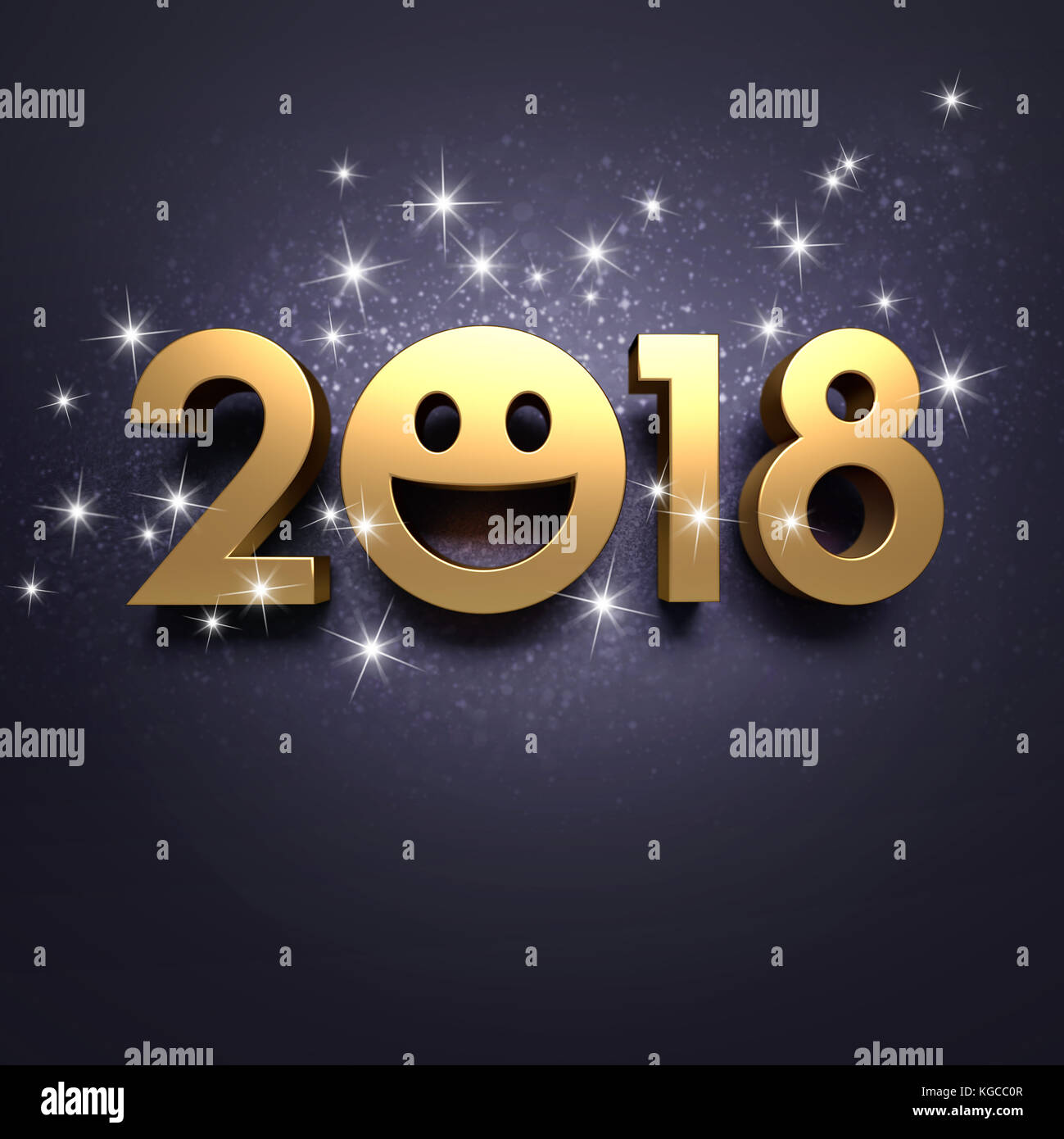 Oro 2018 anno tipo con una faccia sorridente su una festosa sfondo nero - 3d illustrazione Foto Stock