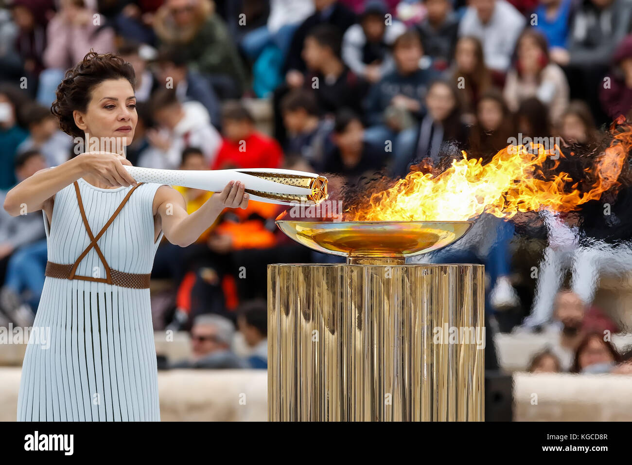 Atene, Grecia - Ott 31,2017: la fiamma olimpica è stata consegnata agli organizzatori dell'Pyeongchang (sud coreano) Olimpiadi invernali di febbraio 9-25, 2018. Il ceremo Foto Stock