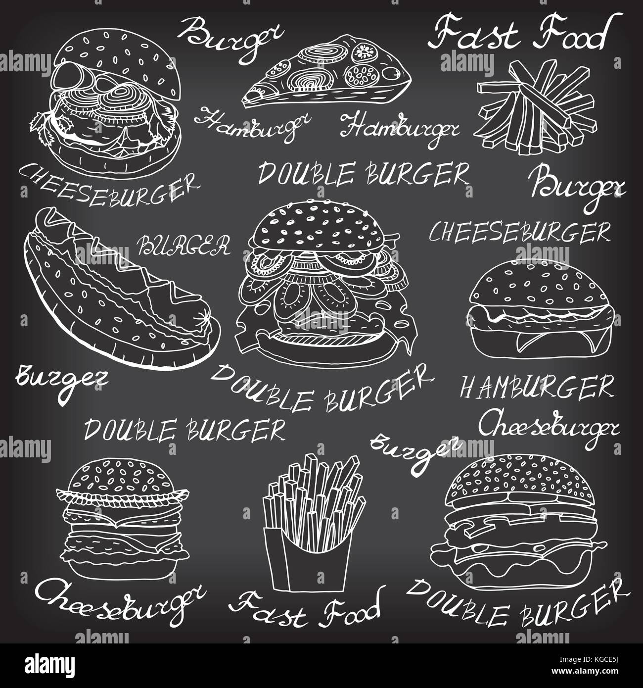 Disegnate a mano insieme di abbozzato il fast food illustrazioni, hamburger, hot dog e patatine fritte e pizza. illustrazione vettoriale, isolato su nero Illustrazione Vettoriale