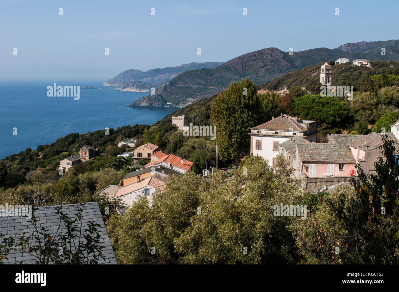 Corsica: la macchia mediterranea con vista dello skyline di pino, villaggio di haute-corse sul lato occidentale di Cap Corse Foto Stock