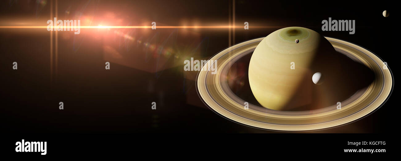 Pianeta Saturno con più lune comprese enceladus davanti al sole Foto Stock