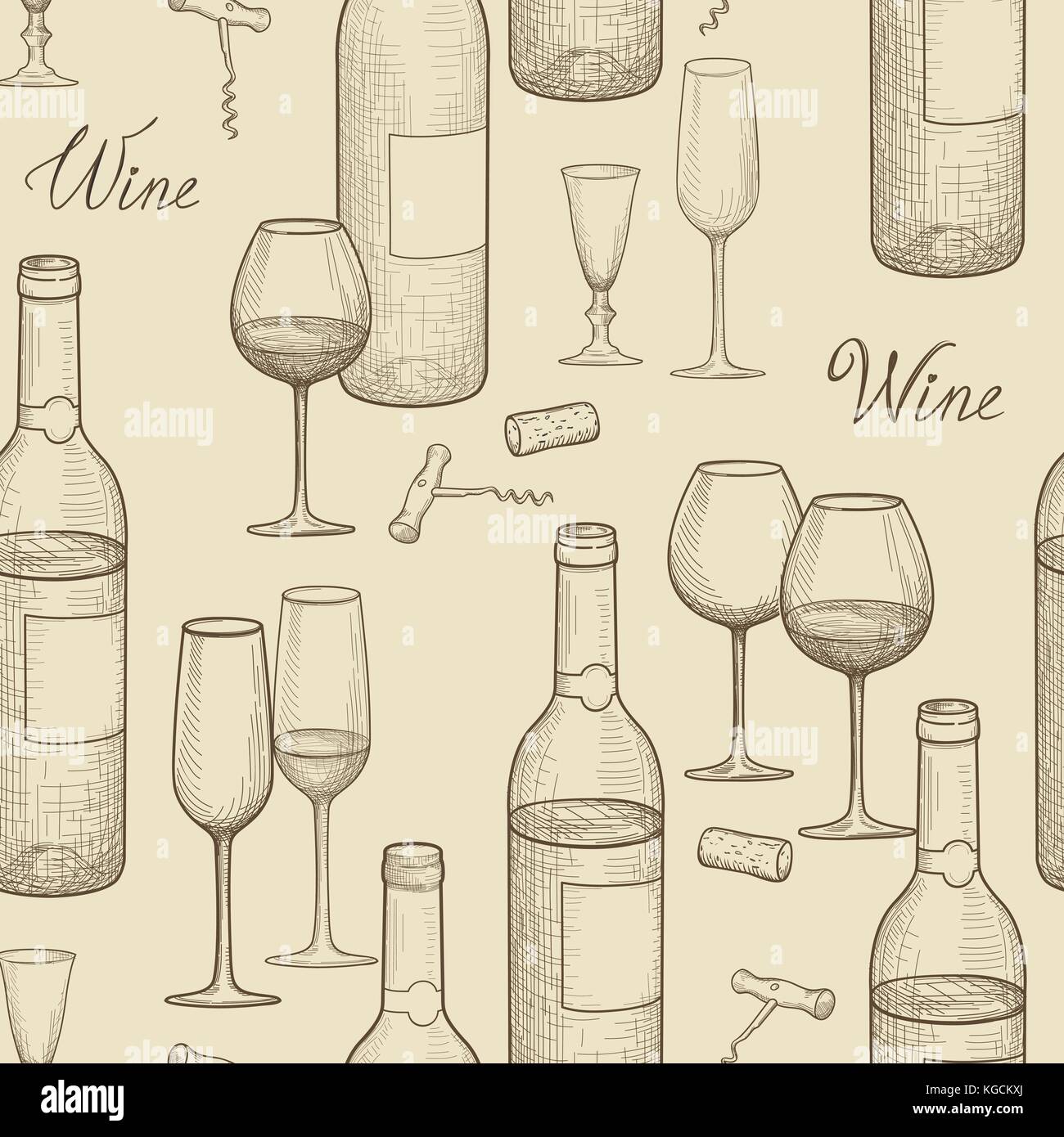 Bere vino schizzo seamless pattern. carta vini ristorante sfondo