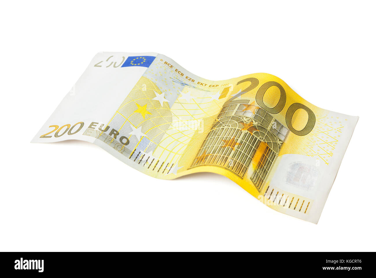 Duecento euro bill disposti nella forma d'onda isolati su sfondo bianco Foto Stock