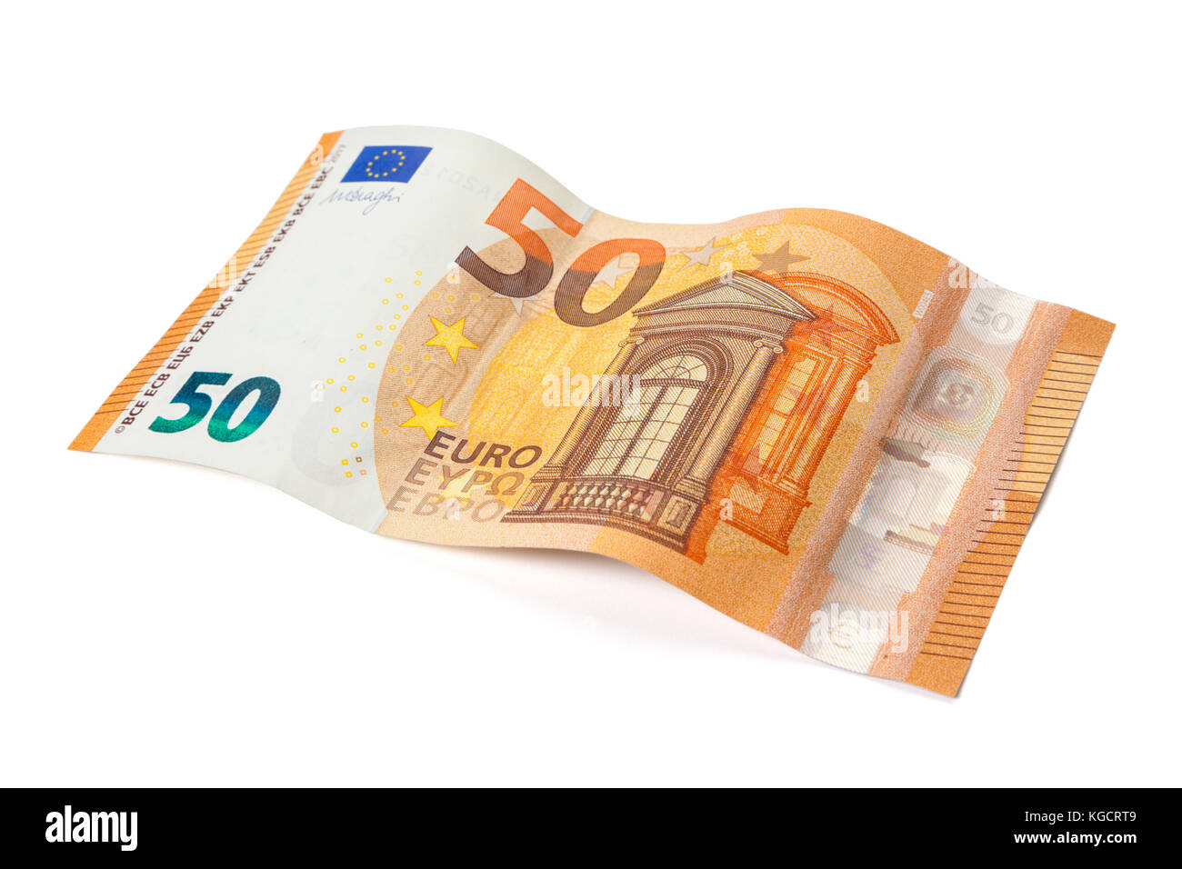 Nuovo cinquanta euro bill rilasciati nel 2017 disposti nella forma d'onda isolati su sfondo bianco Foto Stock