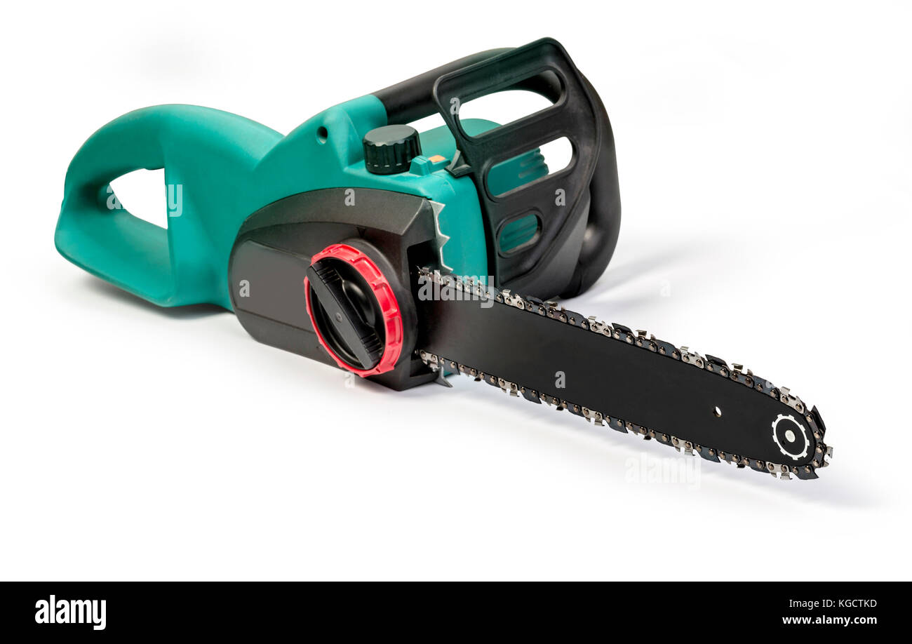 Sega elettrica isolata su sfondo bianco Foto Stock