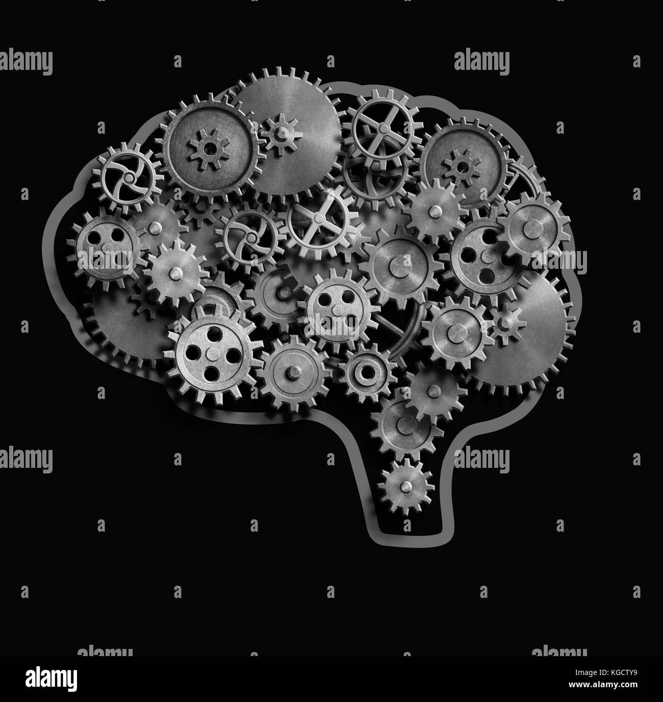 Cervello in metallo ingranaggi e ruote dentate 3d illustrazione Foto Stock