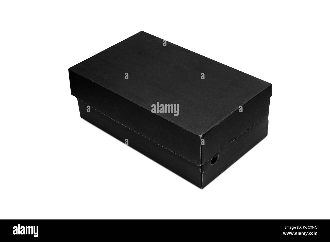 Vuoto scatola di cartone nero con coperchio aperto isolata su sfondo bianco. con percorso di clipping. Foto Stock