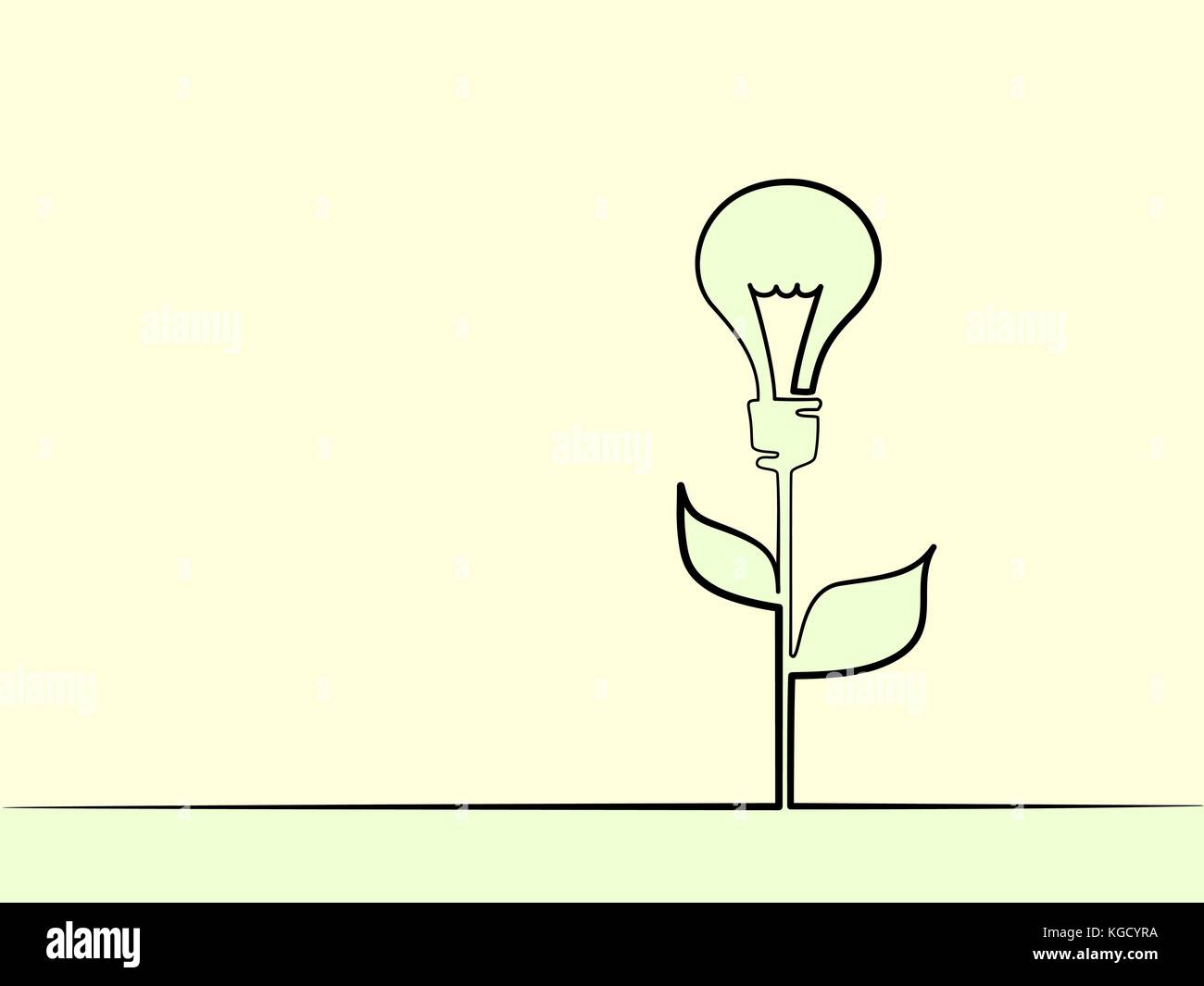 Rappresentazione in linea continua. Electic lampadina accesa sullo stelo della pianta con foglie. Eco idea metafora. Illustrazione Vettoriale Illustrazione Vettoriale