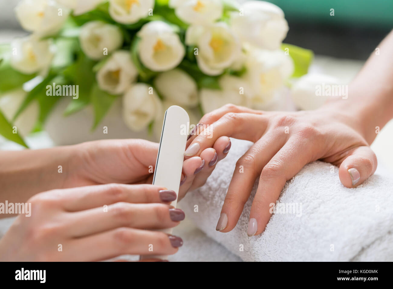 Close-up delle mani di un qualificato manicurist deposito i chiodi di una giovane donna con un tampone di bianco in un quartiere alla moda di manicure Foto Stock