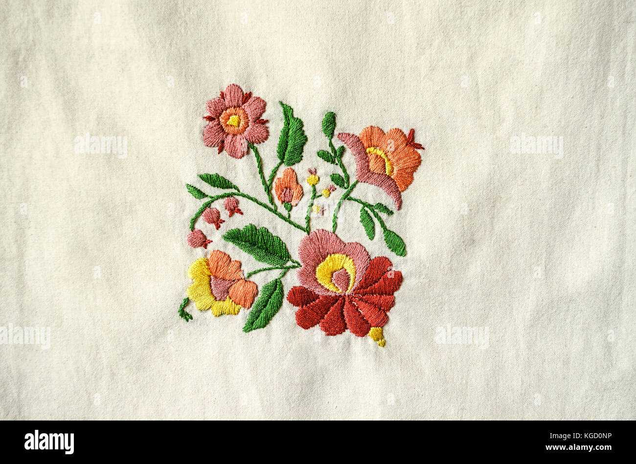 Ornamento ricamato del bouquet di bacche di rosa e rosso,rosa con fiori di colore giallo sul tessuto di cotone Foto Stock