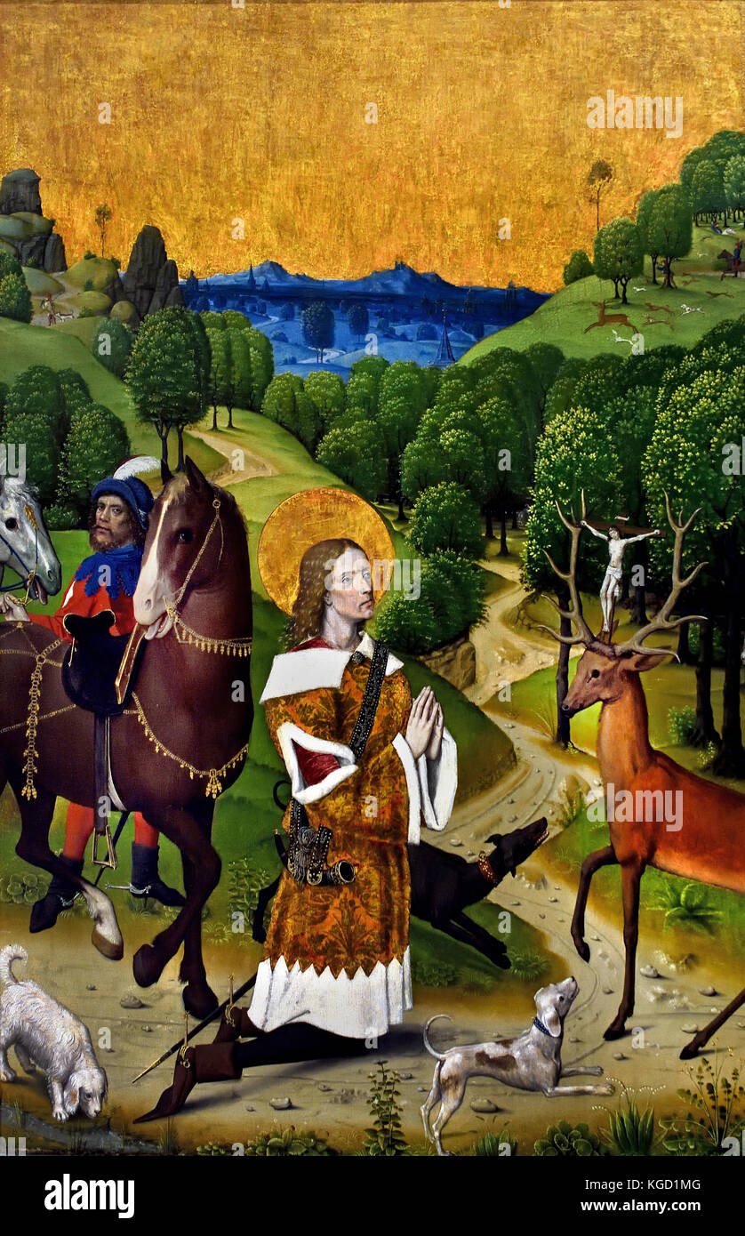 La conversione di Saint Hubert: 1485-90, Officina del maestro della vita della Vergine. Pala di Abbazia Benedettina a Werden, nei pressi di Colonia. Foto Stock