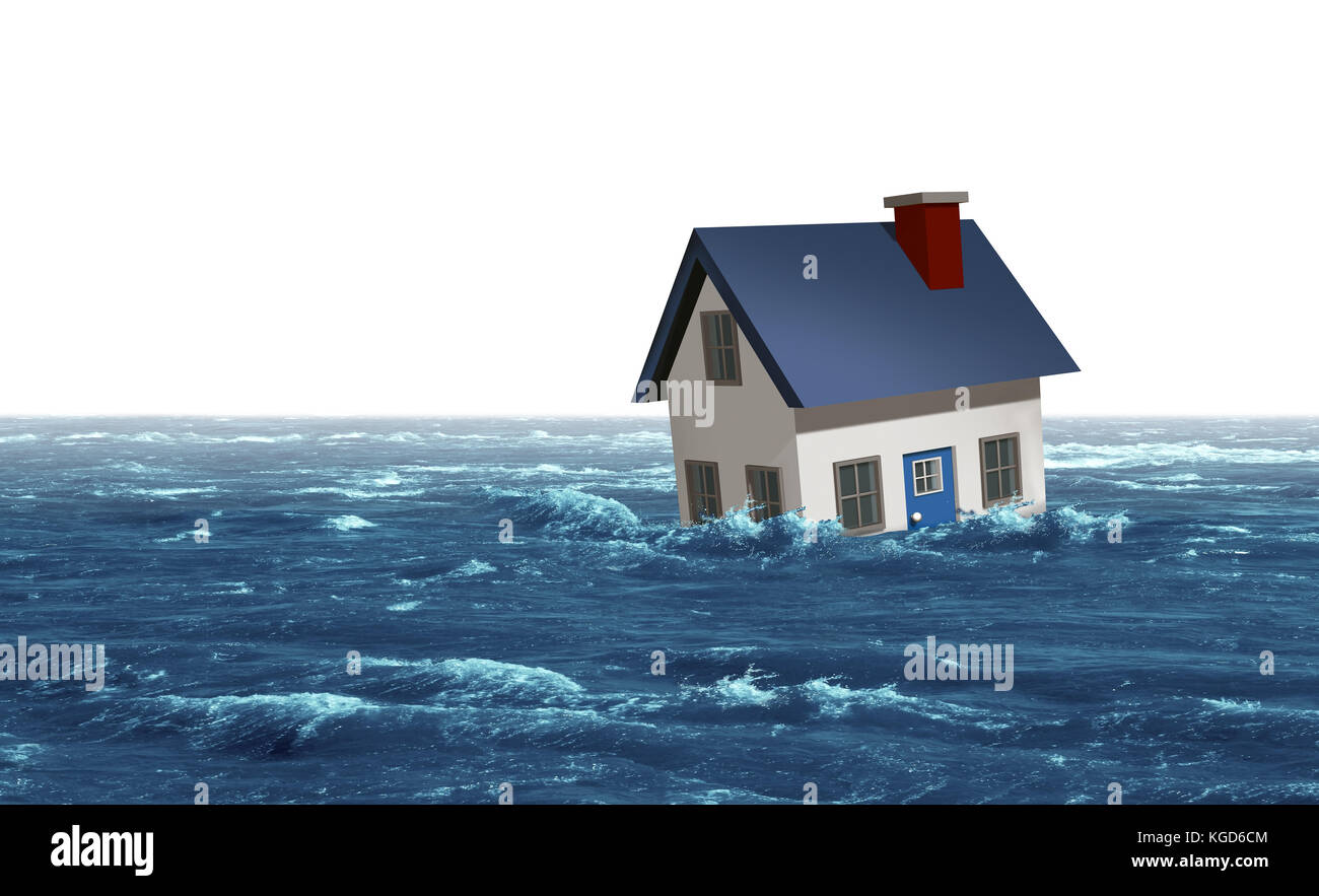 Casa di allagamento e inondato il concetto di residenza come una casa di essere spazzati via da una tempesta diluvio con 3D rendering di elementi. Foto Stock