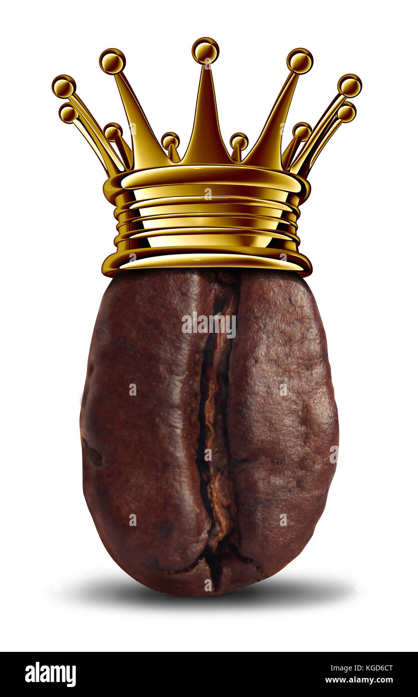 Simbolo del re del caffè come un chicco tostato che indossa una corona d'oro reale come icona per il miglior espresso o caffè con elementi 3D. Foto Stock