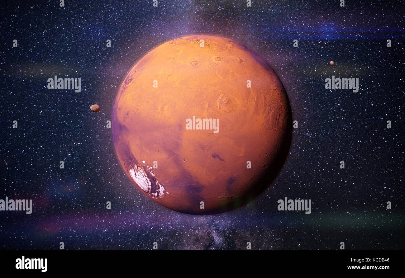 Il pianeta Marte con esso lune phobos e deimos Foto Stock