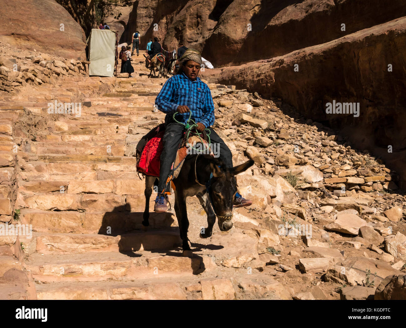 Beduina locale di equitazione boy donkey giù pietra arenaria scolpita fasi del percorso per inserzione Deir, il monastero, Petra, Giordania, Medio Oriente per ottenere una tariffa turistica Foto Stock