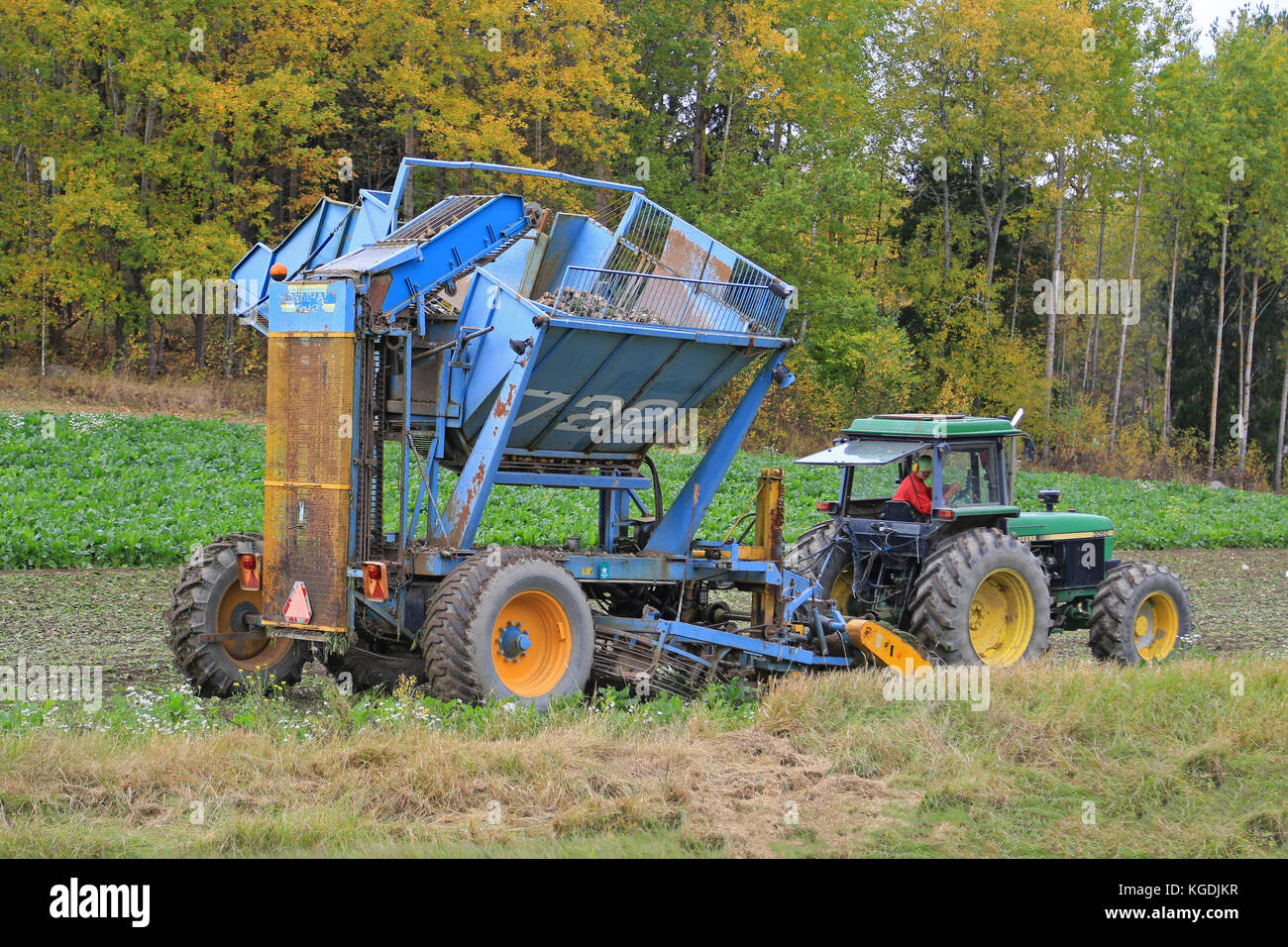 SALO, Finlandia - 4 ottobre 2015: Unnamed agricoltore di raccolti di barbabietole da zucchero con John Deere trattore 3050 e Edenhall 722 harvester. In Finlandia, il raccolto o Foto Stock
