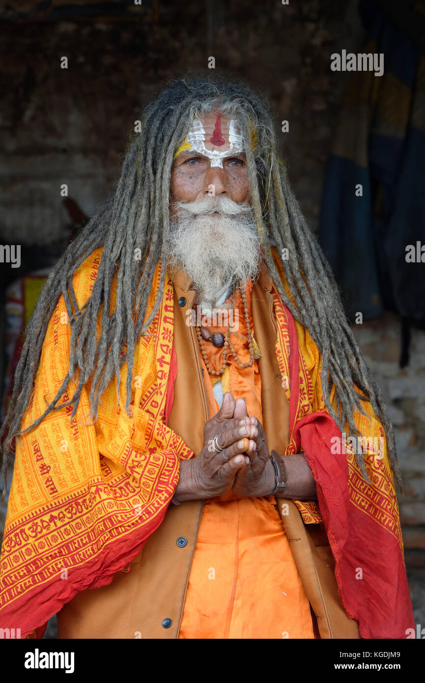 Indù, Sadhu, santo uomo, tempio di Pashupatinath, Kathmandu, Nepal Foto Stock