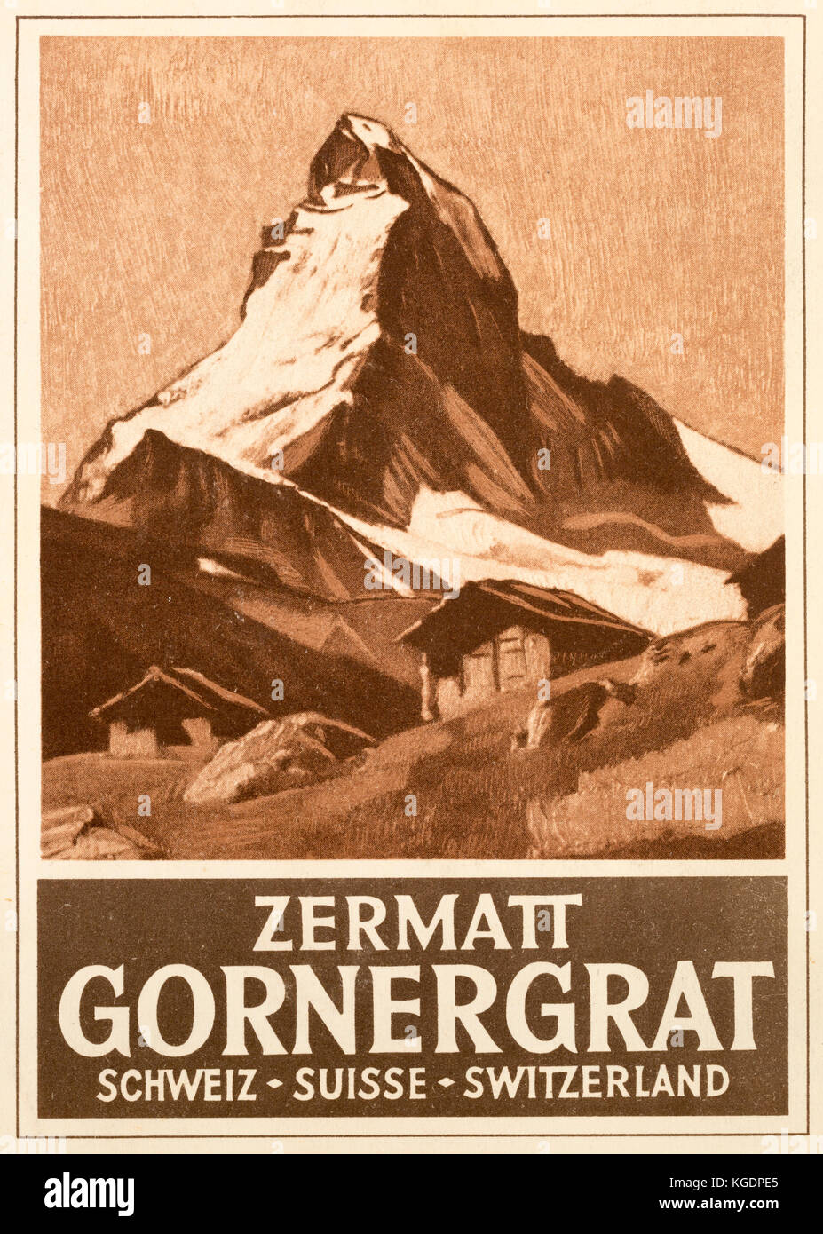 Parte anteriore del 1929 guida stampata per la Ferrovia Zermatt-Gornergrat a Brigue, Svizzera. Il dipinto sulla parte anteriore mostra il Cervino e cabine. Foto Stock