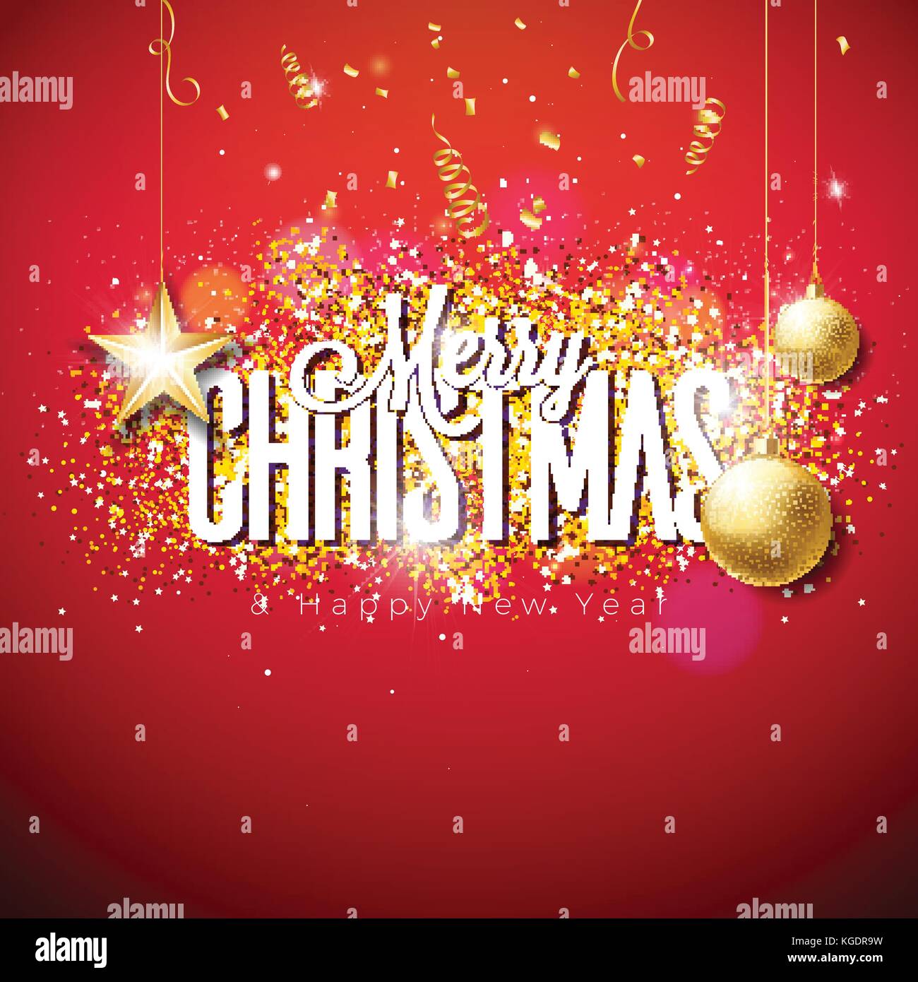 Vector Merry Christmas illustrazione sul lucido sfondo luminoso con la tipografia e elementi di vacanza. carta ritagliata stelle, coriandoli, serpentine e sfera ornamentali. Illustrazione Vettoriale