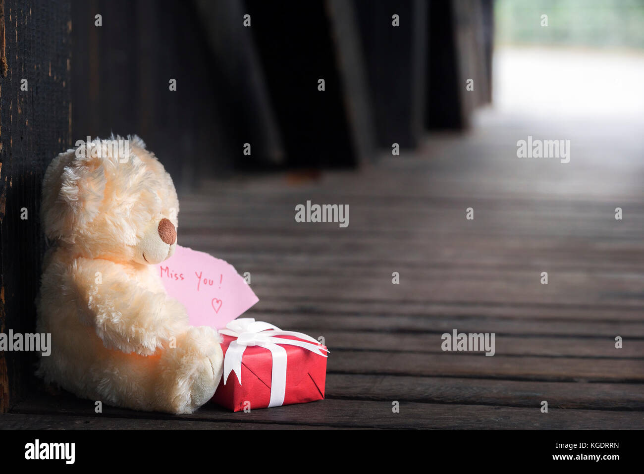 Il giorno di san valentino Tema immagine con un simpatico orso farcite  giocattolo in possesso di una carta di colore rosa con una miss you testo e  una confezione regalo rossa con