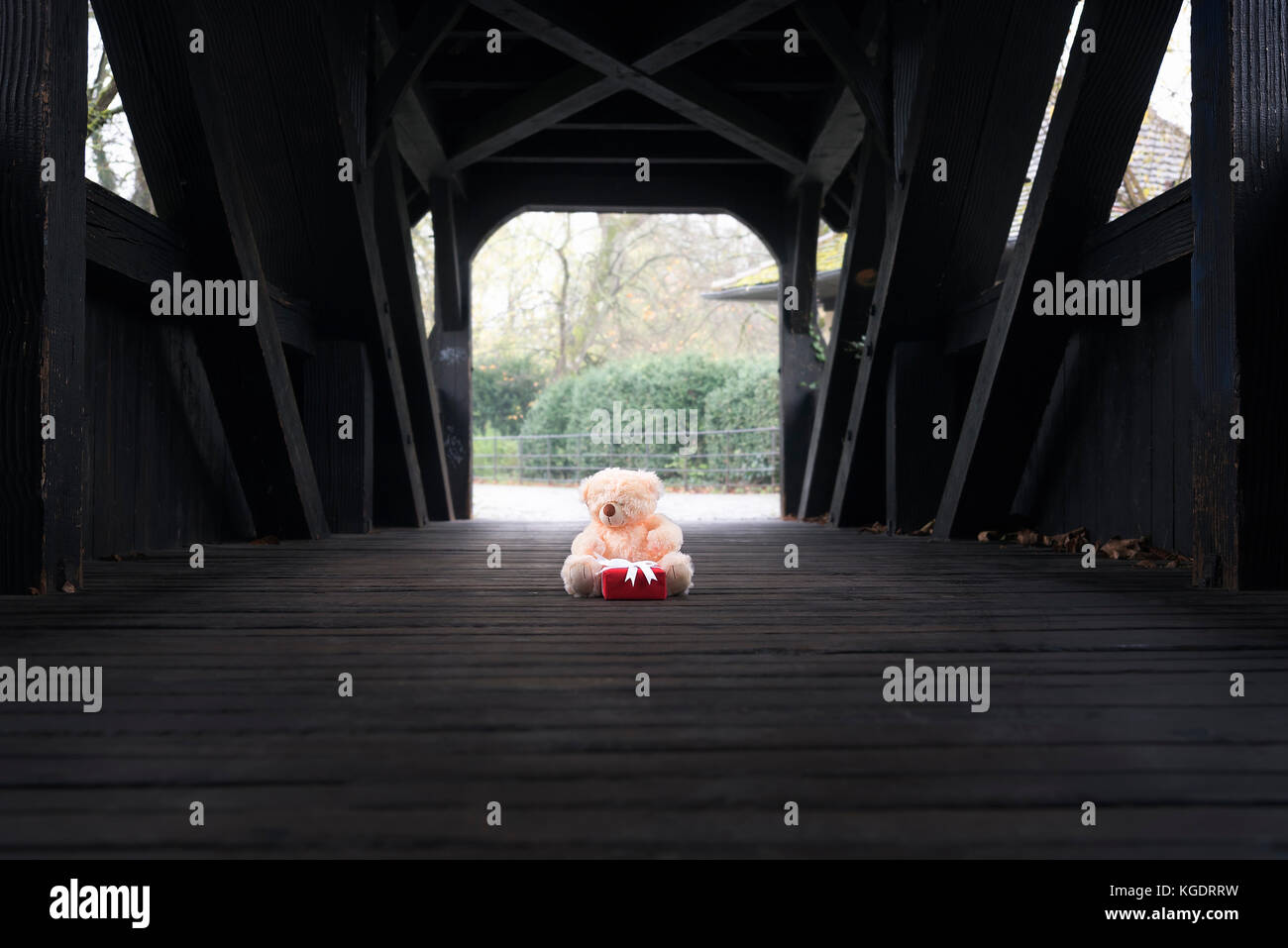 Simpatico orso di peluche e giocattoli di una confezione regalo avvolto in carta di colore rosso e legati con nastro bianco e la prua, seduto al centro di un ponte coperto in legno, l'attesa. Foto Stock