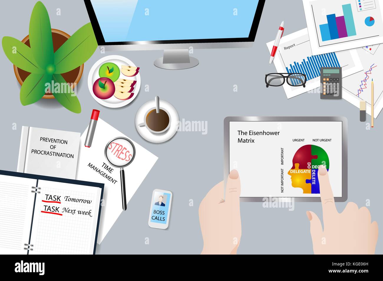 Vista superiore della scrivania da ufficio con oggetti, libro della procrastinazione, aprire il diario e il telefono che squilla. mani tenendo il punto della compressa ad una schermata con la e Illustrazione Vettoriale