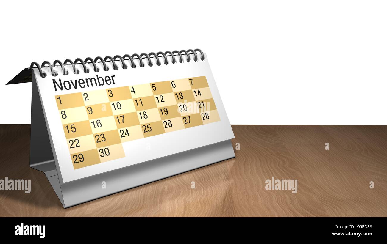 Modello 3D di un calendario desktop di novembre di colore bianco su un tavolo di legno su sfondo bianco - rendering 3D. Foto Stock