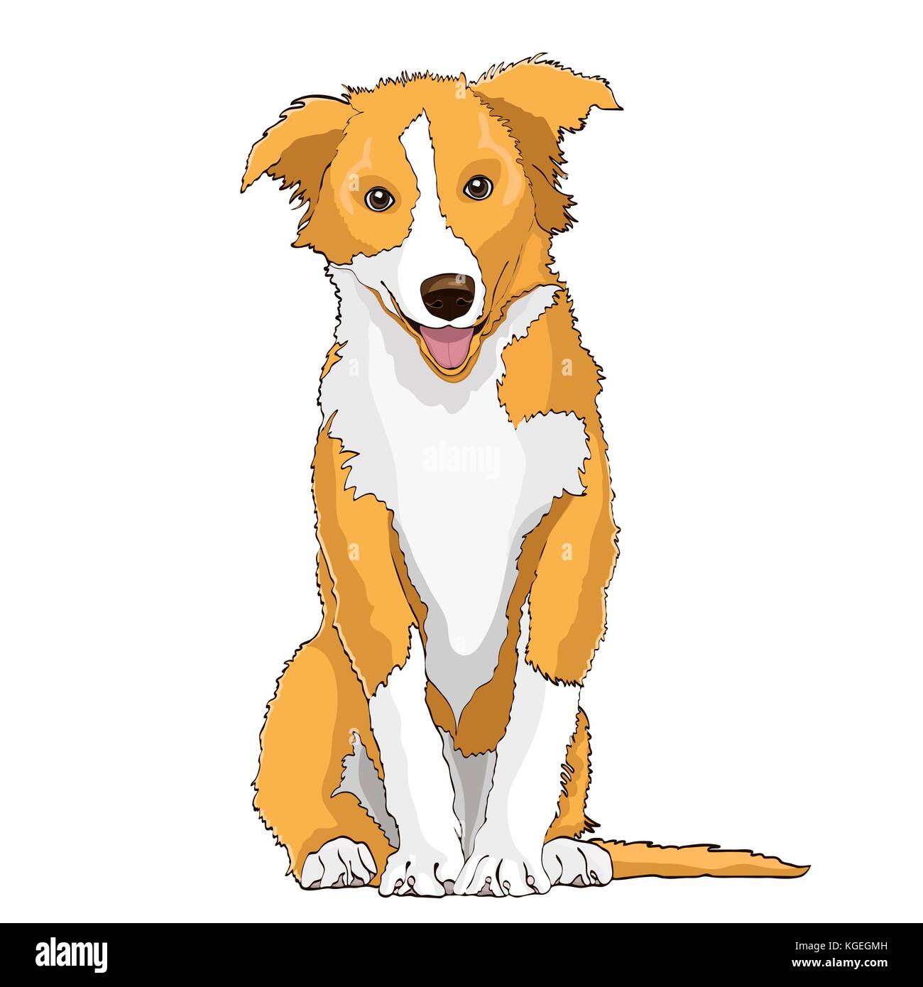 Yellow Dog, simbolo dell'anno 2018, il disegno vettoriale. bianco giallo cartoon shaggy dog a tutta lunghezza isolati su sfondo bianco Illustrazione Vettoriale