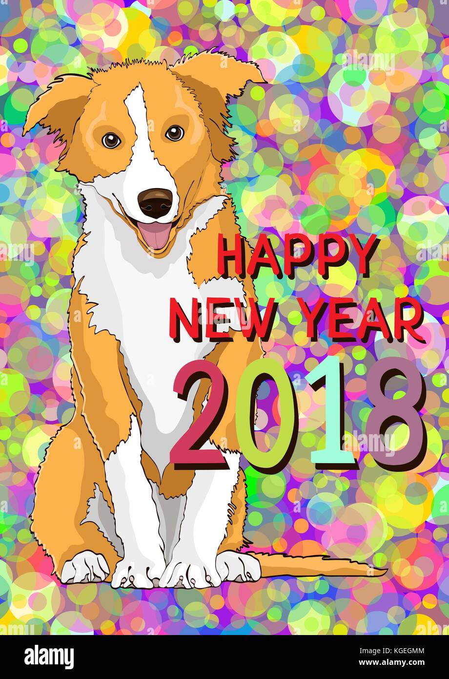 Felice anno nuovo anno nuovo con una scheda prelevata yellow dog simbolo dell'anno 2018 contro uno sfondo colorato e luminoso coriandoli. illustrazione vettoriale, banner, poster Illustrazione Vettoriale