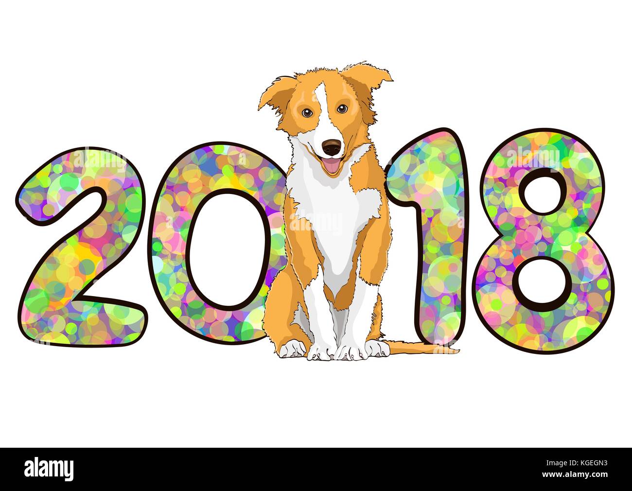 Numero 2018 da colorato luminoso multicolore cerchi di coriandoli e disegnati yellow dog simbolo astrologico dell'anno, isolato su sfondo bianco. vettore anno nuovo card, illustrazione, banner, poster Illustrazione Vettoriale