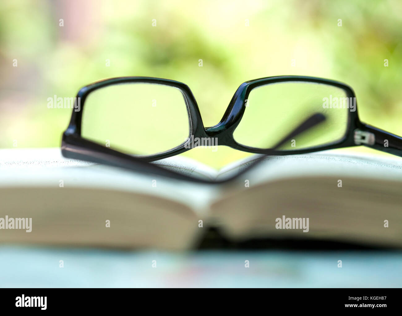 Primo piano di occhiali giacente su un libro aperto all'aperto Foto Stock