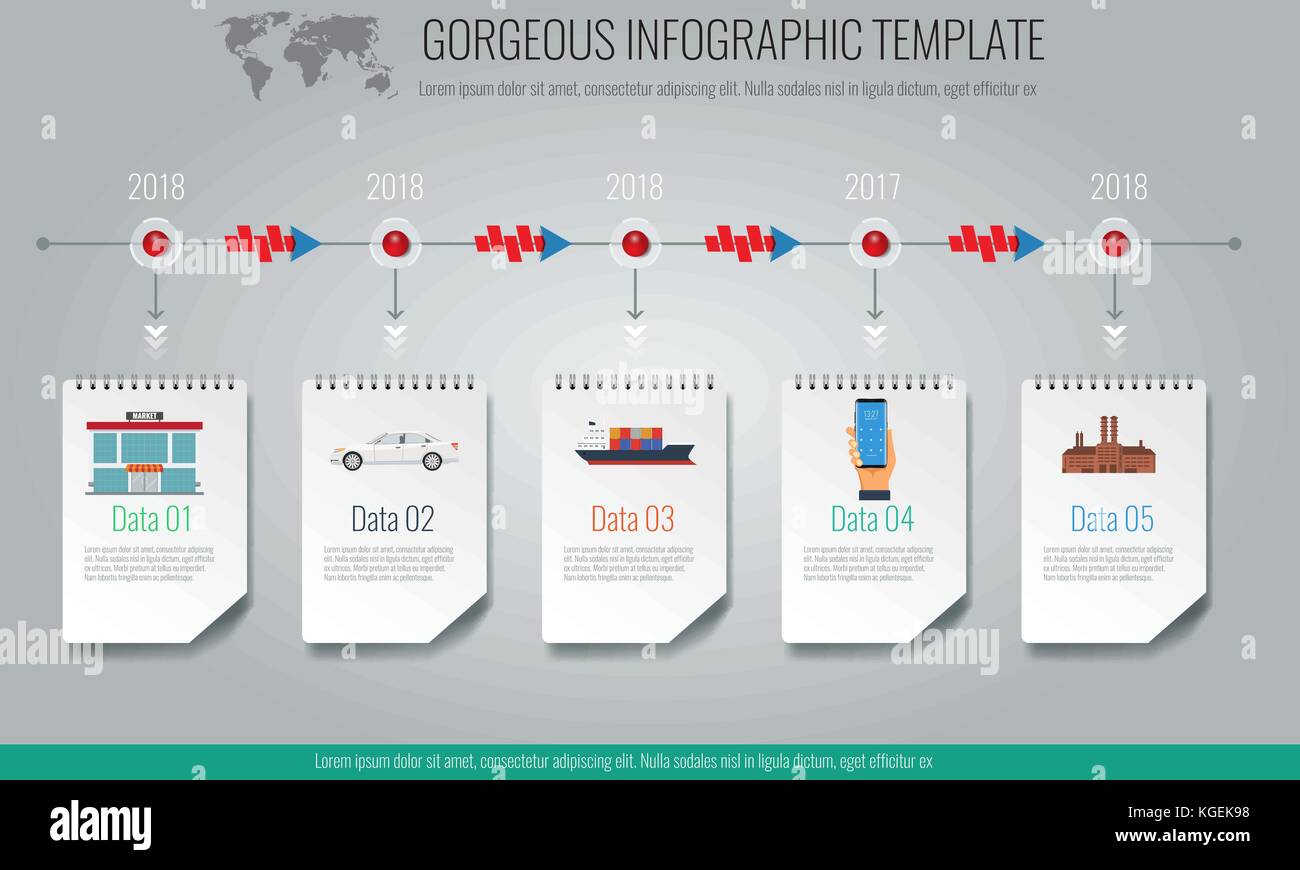 Il concetto di business timeline modello infografico, realistici notepad con 5 passi e frecce creativi. illustrato il vettore. Illustrazione Vettoriale