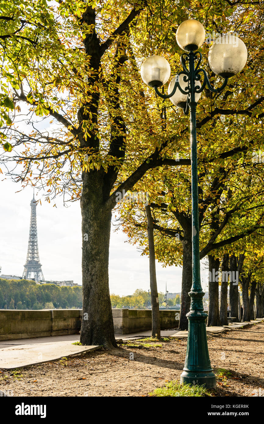 La Torre Eiffel si vede tra gli alberi di castagno piantati lungo le sponde del Fiume Senna con un vecchio stile street light in primo piano. Foto Stock