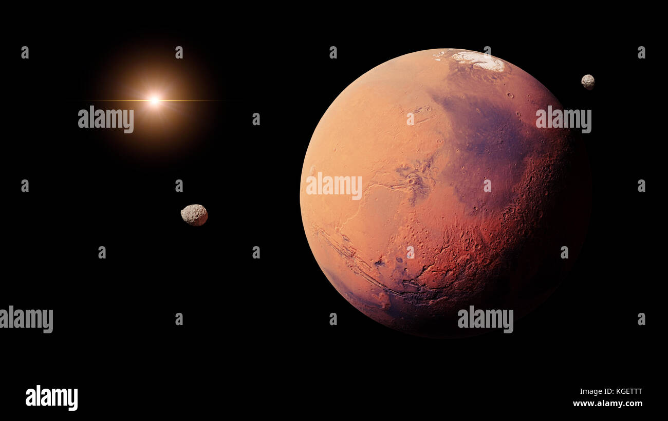Il pianeta Marte con esso lune phobos e deimos (spazio 3D rendering, elementi di questa immagine sono arredate dalla NASA) Foto Stock