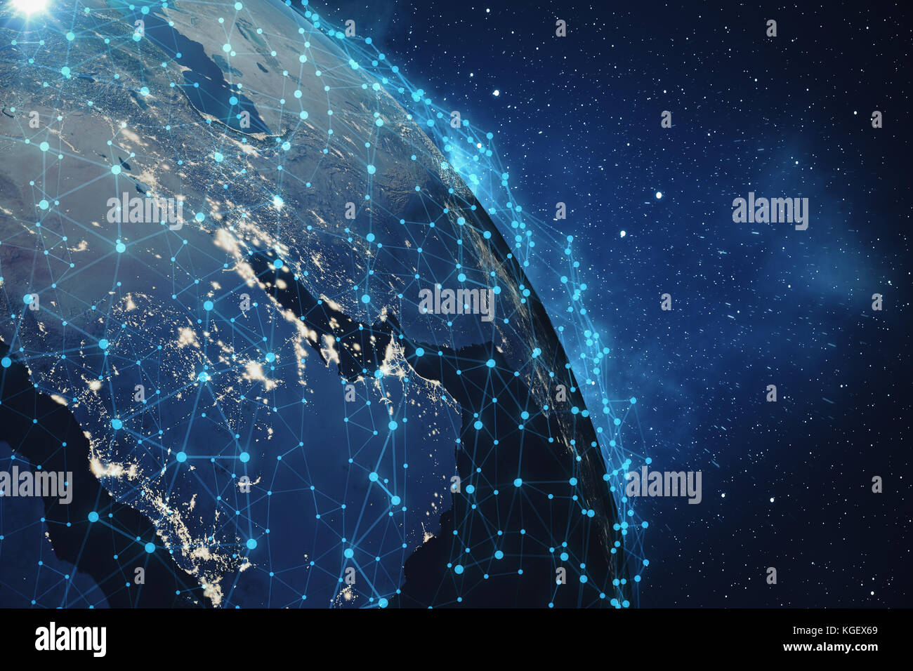 3D rendering di rete globale di sfondo. Le linee di collegamento con punti intorno al globo terrestre. global connettività internazionale. terra dallo spazio con le stelle e la nebulosa. elementi di questa immagine fornita dalla NASA Foto Stock
