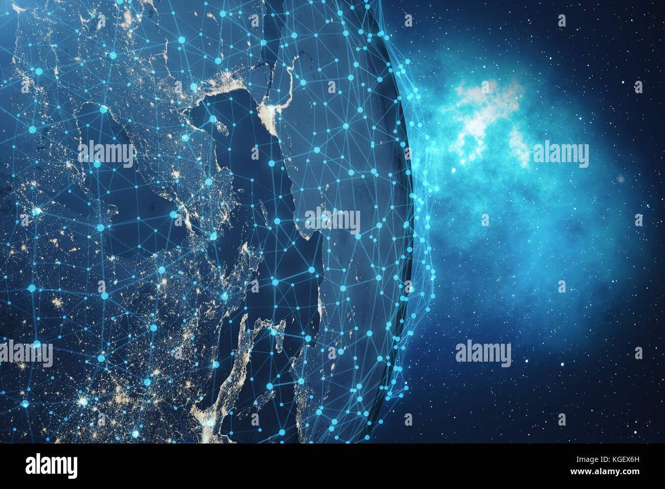 3D rendering di rete globale di sfondo. Le linee di collegamento con punti intorno al globo terrestre. global connettività internazionale. terra dallo spazio con le stelle e la nebulosa. elementi di questa immagine fornita dalla NASA Foto Stock