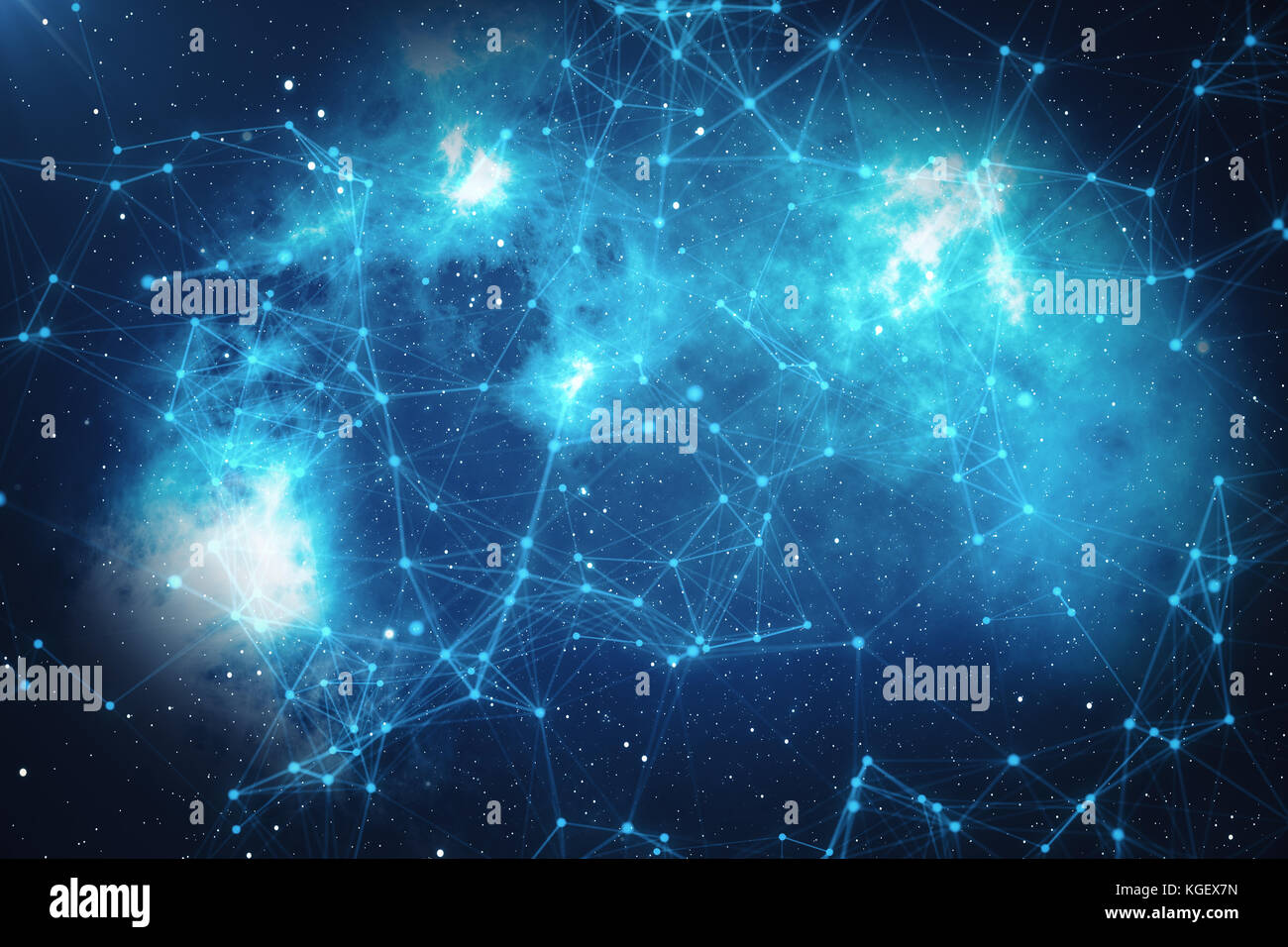 3D rendering tecnologico futuristico di connessione forma, blue dot rete, sfondo astratto, sfondo blu con stelle e nebula, il concetto di rete. Foto Stock
